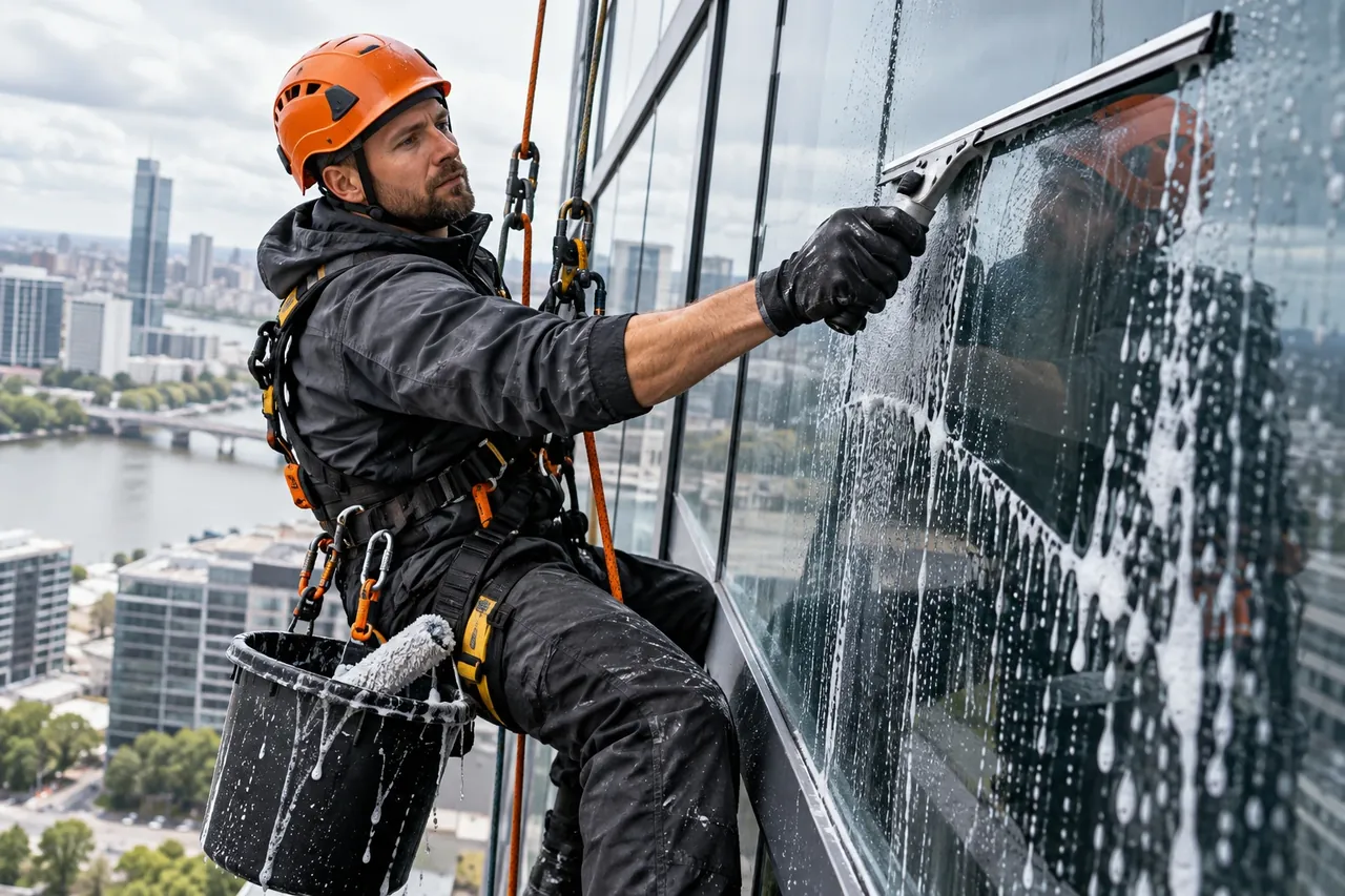 Mycie szklanej elewacji i okien na wysokości